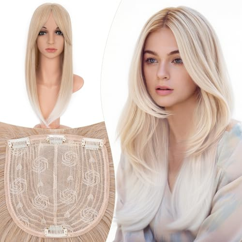 Elailite Hair Topper Donna Clip in con Frangia per Capelli Biondo Dorato/Biondo Pallido, Posticci con Clips Middle Parting Toupet Toupee Protesi 45cm 175g (Base 15cm*15cm)
