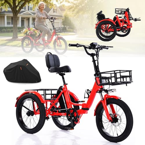 Bicicleta Eléctrica Plegable De 3 Ruedas Para Adultos:Neumáticos Anchos De 20 X 2,5,3 Modos De Conducción,Cesta De Carga, Asiento Ajustable,Triciclo eléctrico para adultos funda para bicicleta