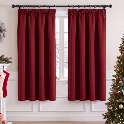 PONY DANCE Blackout Pencil Pleat Curtains, Red, W42 x L63 Inch, 2 Panels | Thermal Insulated Curtains with Noise Reducing & Privacy, Luxury Soft Window Treatment for Bedroom & Living Room