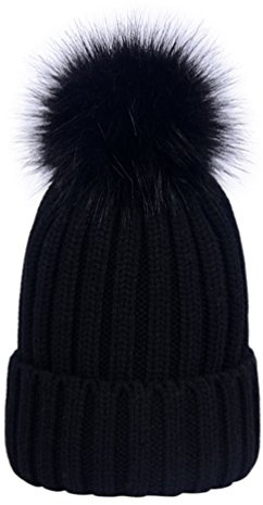LAUSONS Women's Warm Ribbed Knit Winter Bobble Hat Faux Fur Pom Pom Beanie in Black