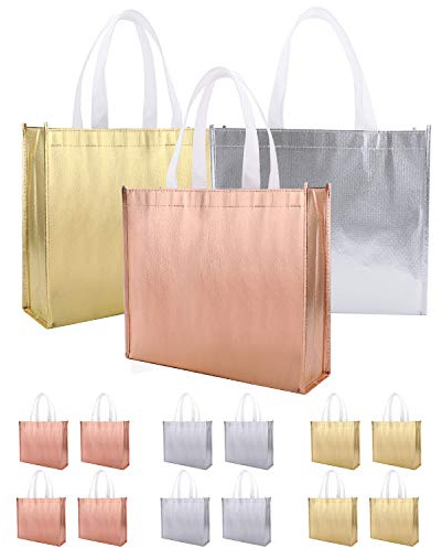12 Bolsas de Regalo Grandes con Asa (Oro, plata, oro rosa) Bolsas de Tela con Estilo no Tejidas para Cumpleaños Favor de Fiesta de Boda, Baby Shower