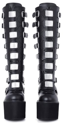 CELNEPHO Women Chunky Platform Knee High Boots High Heel Round-Toe Zip Punk Goth Mid Calf Combat Boots For Women Z-Black size 7