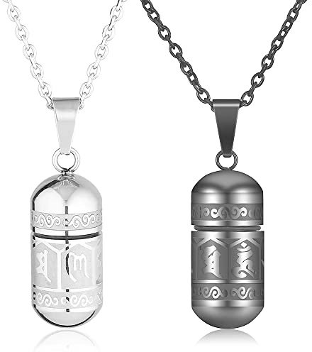 PiercingJak 2 piezas Collar para parejas con cápsula, colgante budista, mantra, oración, urna funeraria para cenizas, botella, tubo, recipiente que se abre, de acero inoxidable, para hombre y mujer