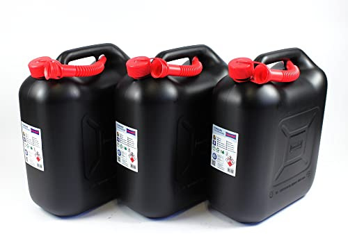 Benzinkanister 20L Kraftstoff Kanister schwarz UN-Zulassung Diesel Benzin E85 Sprit inklusive Ausgießer Kettensägen Rasenmäher Auto/einzeln oder im 3er Set (3er Set)
