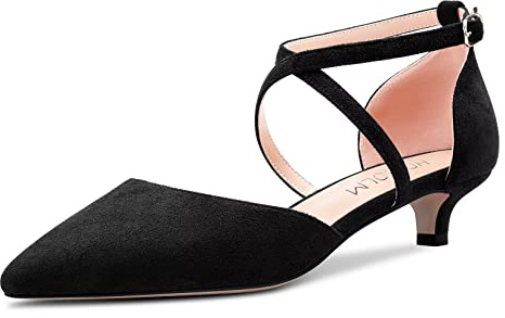 HDEUOLM Femmes Bas Kitten Talon Heel Fermé Pointu Bout Sandales Lanières Cheville Lanières Croisées Boucle Escarpins Mariage Sexy Dress 3.5 CM Heels Chaussures Noir Suède 36 EU