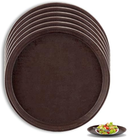 GBACHOOSE 6 Pack Round Serving Tray, 28 cm/11 inch Non Slip Drinks Tray, Round Rubber Bar Serving Tray Restaurant Serving Trays for Parties Gatherings Bars Home, Brown
