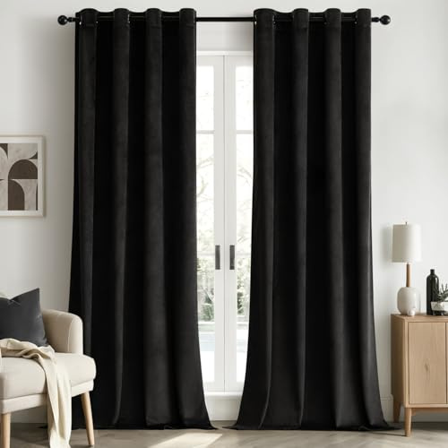 Woaboy Rideaux Occultant Thermique Salon Rideaux et Draperies Chambre Double Velours Panneaux de Rideau Intérieurs Isolant Anti Chaleur/Froid à Oeillets Extensible Lot de 2, 117x228cm Noir