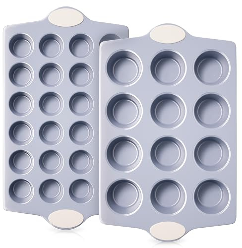 Ceramic Muffin Pan, 12-Cup and 24-Cup Nonstick Aluminized Steel Mini Cupcake Pans, Healthy Non-Toxic Ceramic Coating Muffin Tin, 2 Pack Cup Cake Pans for Baking Beige