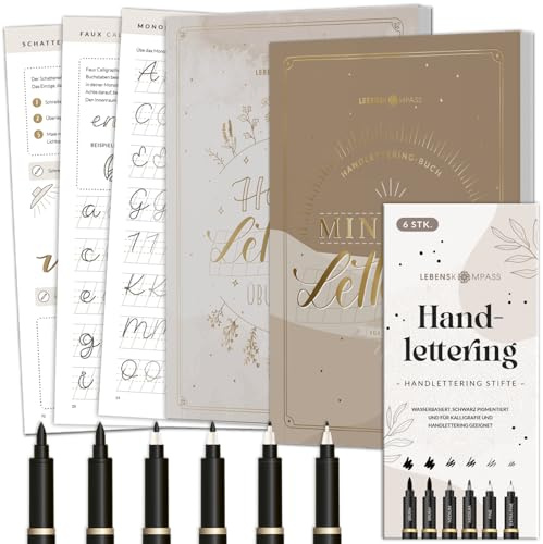 Lebenskompass Handlettering Set - Übungsbuch für Anfänger + Kaligraphiebuch + Handlettering Stifte 6 Stk. wasserbasiert in verschiedenen Größen - Enthält zahlreiche Vorlagen und Übungen - Kalligraphie