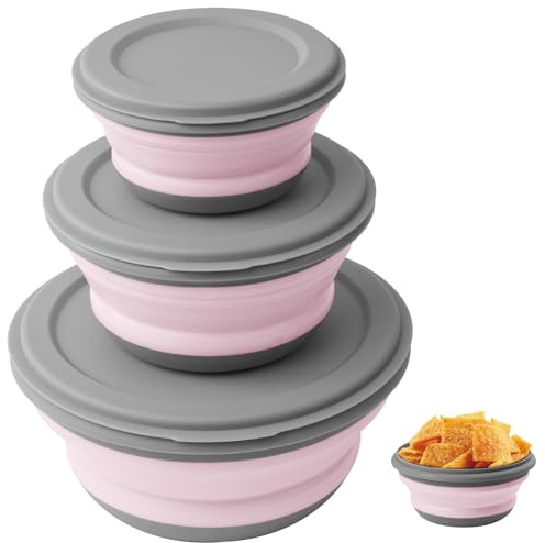 flintronic 3 Pezzi Ciotola Pieghevole, Ciotola da Campeggio Portatile, Set di Silicone Pieghevole Lunch Box, Portatile Picnic Ciotola Insalatiera con Coperchio, per Campeggio Escursioni
