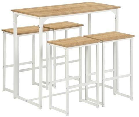 ZZINOKE Table de Bar avec 4 Tabourets, Table Haute Cuisine, Table a Manger avec 4 Chaises, Table Haute 100 × 50 × 90 CM, 4 Tabourets 30 × 40 × 65 CM, Blanc