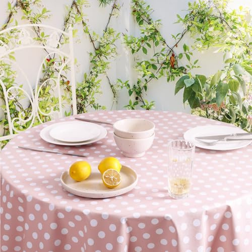 Romanstile Pink round Table Cloth PVC 120cm wipe clean,small plastic table cloths waterproof,Oil cloth Tablecloths for Coffee table,Gril Birthday Party Outdoor Wedding Garden Spring Sommer Children
