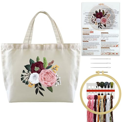 Turmaster Stickerei Set mit Canvas Tote Bag, Stickset für Anfänger, Sticken Set Erwachsene mit Blumenmuster,Stickrahmen,Fäden und DIY Stickerei Werkzeuge，Weiß