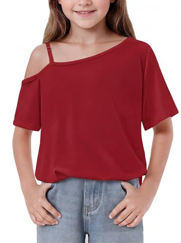 Arshiner T-Shirt Épaule Asymétrique Dénudée pour Fille Hauts à Bretelle Fine pour Enfants Été Manches Courtes Tee Tops pour Filles 7-14 Ans