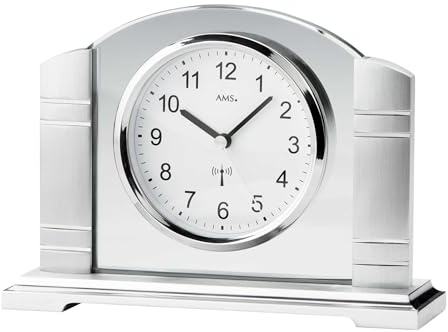 AMS Funkuhr Tischuhr Funk Metallgehäuse gebürstet mit geschliffenem Mineralglas