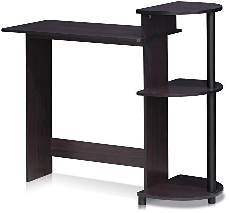 Furinno Compact Computer Desk, Study Desk with Shelves, Dark Walnut
