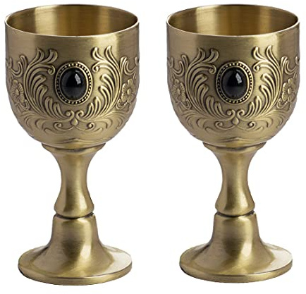 VIDAYA Chalice Goblet, Hand-Made Vintage Pure Copper Engraving Flower Pattern Metal Embossed Wine Copper Gemstone Cups Medieval Gothic Goblet 1.7oz 2-Pack