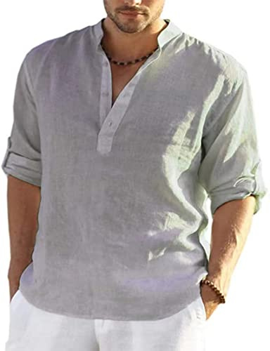 PADOLA Chemise Homme en Lin - Col Mao, Manches Longues, Uni Henley, Shirts de Plage Classique et Casual pour Été, Grande Taille, Décontractée