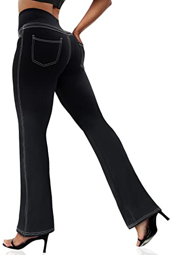 VOOVEEYA Women's Bootcut Leggings - Bootleg Yoga Pants Flare with 4 Pockets,Tummy Control High Waisted Casual Dress Pants（Bootcut-Black-L）
