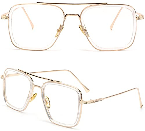 Tony Stark, occhiali da sole in stile retrò, vintage, con montatura quadrata in metallo, per uomo e donna, montatura classica in lega, Montatura trasparente con lenti trasparenti, Taglia unica