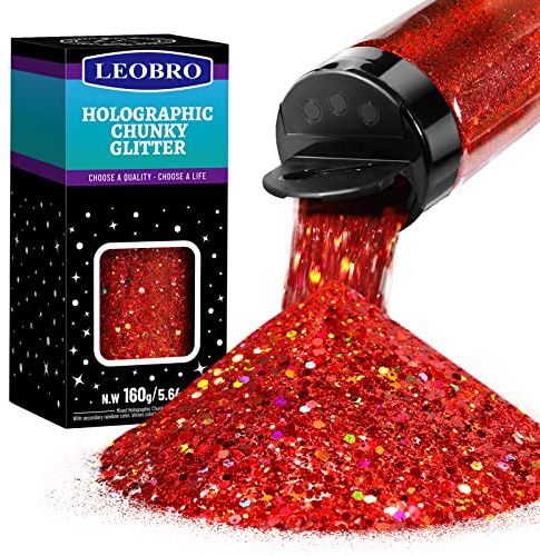 LEOBRO Holographic Red Chunky Glitter 160G/5.64OZ, Resin Glitter Powder Sequins Flakes for Christmas