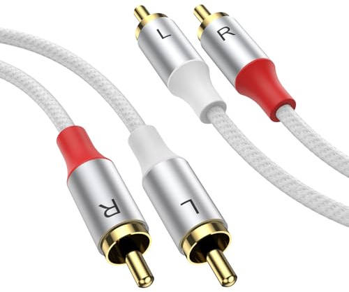 MOSWAG Stereo Cinch Kabel, Cinch Stecker auf Cinch Stecker, Stereo Hilfs Audiokabel, 3 m Subwoofer Kabel, 24 Karat vergoldetes, geflochtenes Nylon für Heimkino, Audio, HDTV, Autoradio, Lautsprecher