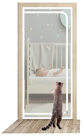 Porta Zanzariera per Gatti, 80x200cm Zanzariera per Gatti con Cerniera, Porta Zanzariera per Animali Domestici per Impedire ai Gatti di Scappare (Bianco)