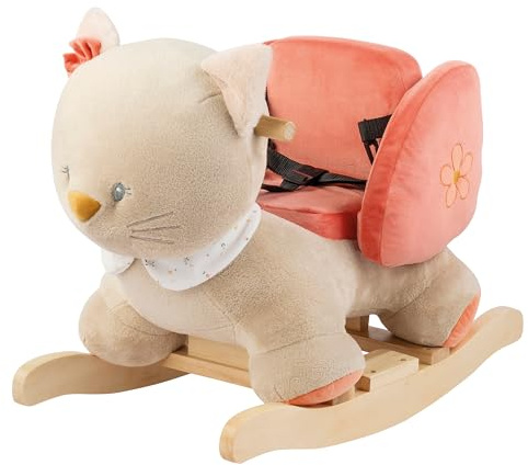 Nattou Schaukeltier, Katze Lana, Inkl. Sicherheitsgurt, Fröhliches Hin- und Herschaukeln, Ca. 60 x 30 x 45 cm, Mila, Zoë und Lana, Polyester/Holz, Beige