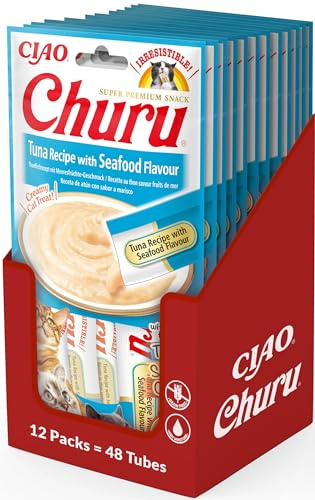 INABA Churu Püree kattgodis – kattpasta för utfodring från handen – kattpinnar med tonfisk och skaldjur – 12-pack/48 pinnar