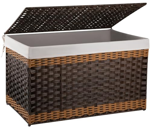 OIAHOMY Storage Basket with Lid, 42.3 Gallon (160L) Blanket Basket with Removable Liner Bag, Synthetic Wicker Hamper with Handle, Foldable, Hamper for Living Room, Brown