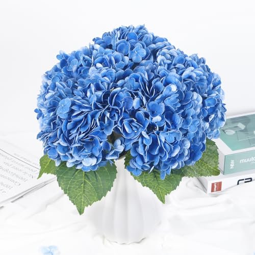 Hydrangea Artificial Flowers, 5pcs Real Touch Lifelike Hydrangeas, 21 Large Latex Faux Hydrangea for Home Decor Wedding Bouquets Floral Arrangements Table Centerpiece, RoyalBlue