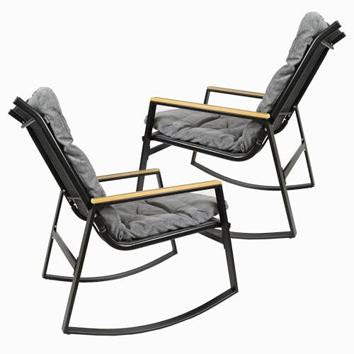 Nexos Trading 2er Set Schaukelstuhl Schwingsessel Schaukel-Sessel Relax-Stuhl Sitzmöbel – aus Stahl Polyester - Farbe: Gestell: Dunkelbraun – Auflage: Grau