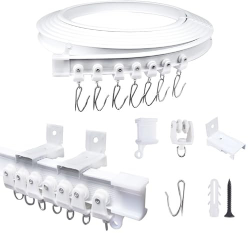 FOGAWA 5m Binario per Tende a Parete con 40 Ganci, Flessibile,Curvo, Binario PVC Montato Lateralmente, Sistemi di Scorrevole Binario Tende da Doccia, Divisori per Ambienti, per Camper e Barche, Bianco