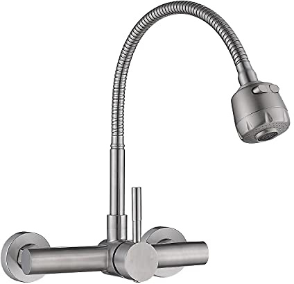 FLWUEUE Wall Mount Kitchen Sink Faucet with Sprayer 8“ Inch Center, Brushed Nickle Stainless Steel Sink Mixer Tap, Laundry Utility Faucets with Dual Functional Sprayer