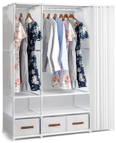 Alightup Armoire de Rangement avec Rideau, Penderie, Dressing | Armoire Métallique avec Barres de Suspension, Porte-vêtements, pour Vestiaire, Chambre, 144 x 45 x 166 cm Blanc