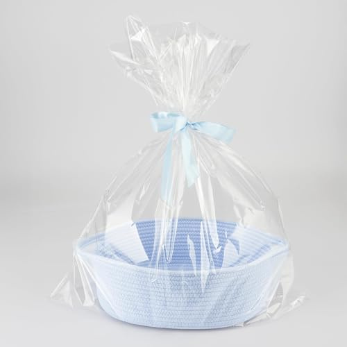 Presentkorg tom blå, presentkorg liten gjord av bomullsrep, flätad korg för presenter baby, påsknästkorg förvaringskorg, leksakskorg, levereras med presentpåse och blå rosett