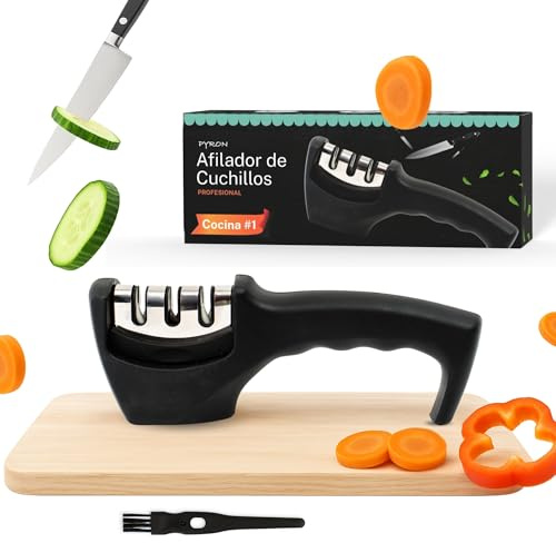 PYRON | Afilador de Cuchillos Manual Profesional – Afilado en 3 Pasos, Diseño Seguro con Base Antideslizante, Cabezal Extraíble y Cepillo de Limpieza – Para Cuchillos de Cocina y Jamoneros