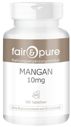 Fair & Pure Manganese 10mg, 180 compresse, 10mg di manganese per compressa, integratore alimentare vegano senza additivi, prodotto in Germania