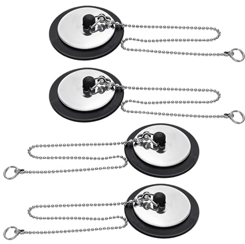YINKIGI 4-Pack Bath Plug and Chain, Universal Rubber Sink Plug with 40cm Stainless Steel Chain, Sink Stopper for UK Basin, Fits 1.65-1.77in (42-45mm) Drains in Kitchen & Bathroom