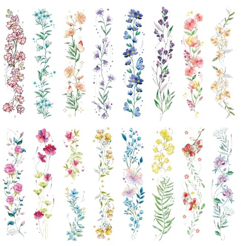 Qpout - Tatuaggi temporanei ad acquerello da donna, 16 fogli di fiori colorati, lavanda, rosa, treccia, fiori selvatici, adesivi realistici e impermeabili, per body art