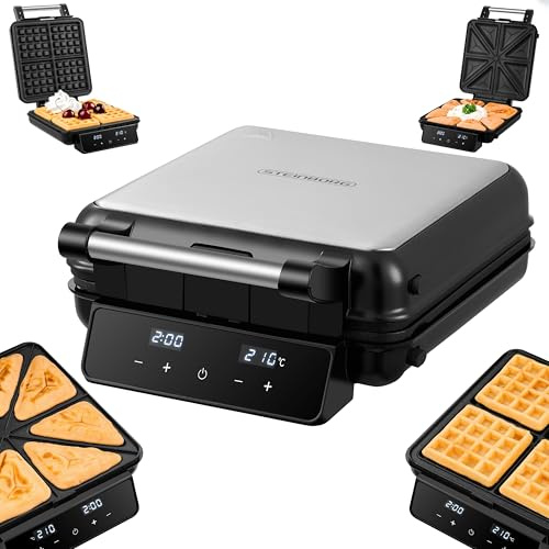Steinborg® 2 i 1 våffeljärn & croque-monsieur – elektrisk våffeljärn för belgiska våfflor och smörgåsar med pekpanel, LED-skärm, avtagbara non-stick-plattor och tvättbara plattor