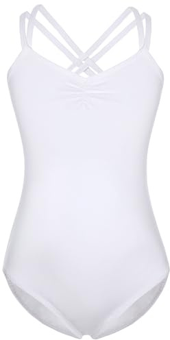 FONLAM Maillot Body de Ballet Danza para Niña Algodón Maillot de Gimnasia Rítmica Espalda Cruzada Niña (7-8 Años, Blanco)