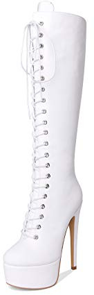 Richealnana Women's Platform Lace Up Round Closed Toe Side Zipper High Heel Knee High Boots Stiletto Heel Long Boots PU White Size 8