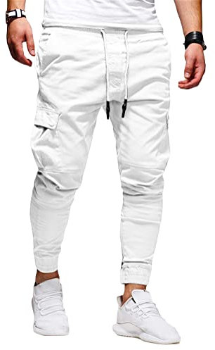 Tomwell Homme Pantalon Cargo Jogging Bas de Survêtement Slim Fit Sport Mode Travail Loisirs Casual Workout avec Poches B Blanc S