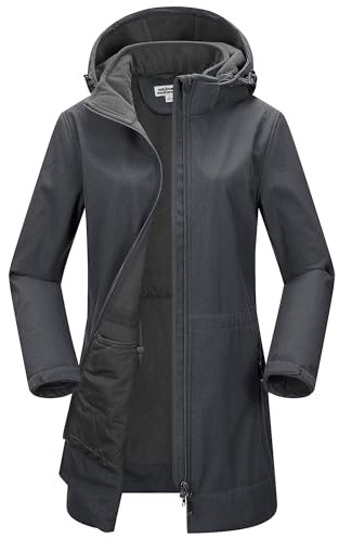 Outdoor Ventures Dam softshell lång jacka med huva fleece fodrad vindtät jacka för kvinnor vattentät vindjacka
