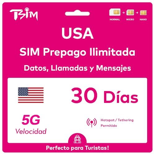 TSIM Tarjeta SIM de Viaje Prepago USA 30 Días | Datos Ilimitados 4G/5G en USA | Llamadas Locales Ilimitadas | Llamadas y SMS Entrantes Gratis | Tarjeta SIM 5G Mejorada