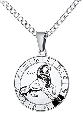 HIJONES Collana con Ciondolo A Forma di Moneta Rotonda della Costellazione Zodiacale da Uomo in Acciaio Inossidabile Collana Amuleto per Donne E Uomini Leone
