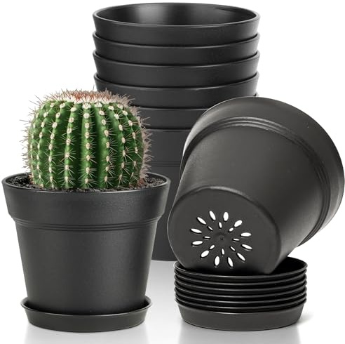 T4U Blomkrukor i plast 10,2 cm med fat och dränering, 8-pack, svarta | Suckulenter, Kaktusar, Krukväxter, Fönsterbräda, Balkong, Trädgård