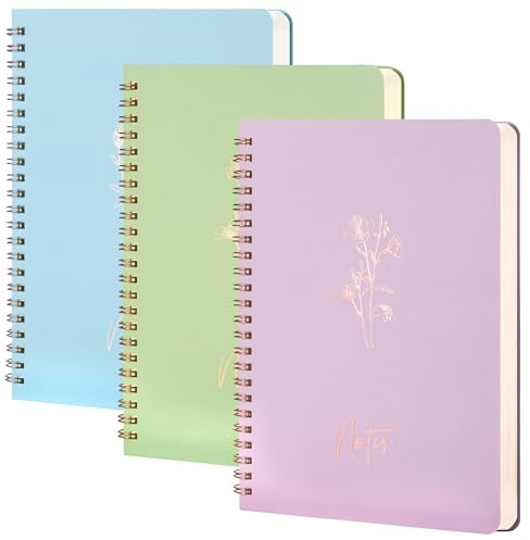 MGGAO 3 Cahiers à Spirales pour Femmes - Journal Esthétique à Lignes Universitaires avec Grandes Poches et 7 mm 60 Feuilles Lignées - pour Fournitures Scolaires et de Bureau (A5, 21 x 14,5 cm)