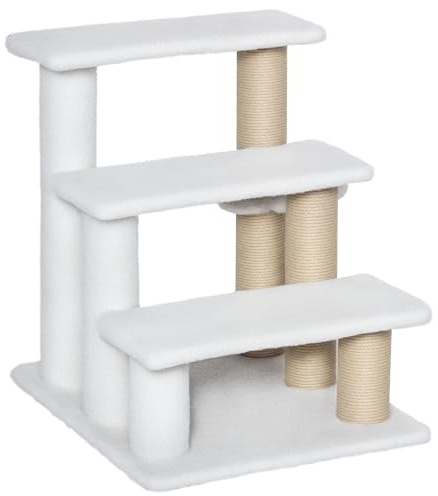PawHut Pet Stair, Cat Tree with 3-step Climb Ladder, Scratching Posts, Platforms, Toy Ball, for Indoor Elderly Cats Kittens, White
